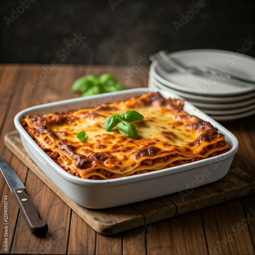 Freshly Baked Lasagna on Rustic Wooden traditional. A steaming, freshly baked lasagna in a white baking dish, placed on a rustic wooden table. The melted cheese crust is golden brown and tempting. A p