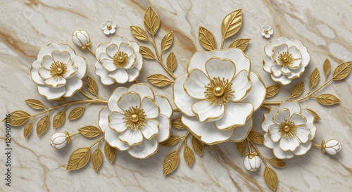 Fototapeta Naklejka Na Ścianę i Meble -  A detailed 3D illustration of white and gold flowers arranged over a polished marble background
