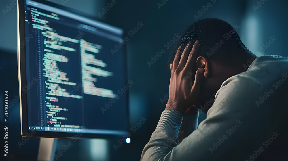 A frustrated developer sitting at a computer desk, with their head in their hands, surrounded by code on the screen, conveying the stress and challenges of software development, focusing on work-relat A frustrated developer sitting at a computer desk, with their head in their hands, surrounded by code on the screen, conveying the stress and challenges of software development, focusing on work-relat
