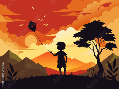 Silhouette of a child with kite at sunset in watercolor style.  Silhouette of a Child Flying a Kite at Sunset: A Heartwarming Scene of Joy and Freedom.