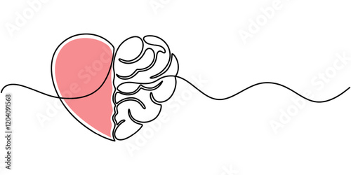One line drawing of half of a human brain and a human heart. Vector illustration, One continuous line drawing of half of a human brain and love in the shape of a heart logo icon. Philosophical of love