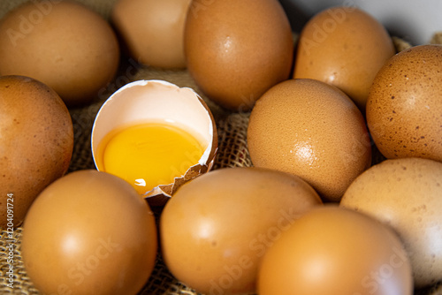 Close-Up of Eggs on a Rustic Sackcloth. Macro photo with space for advertising text photo