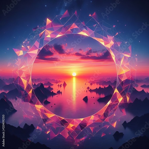 Low Poly Art with Sunset Photo A geometric low poly art illustra