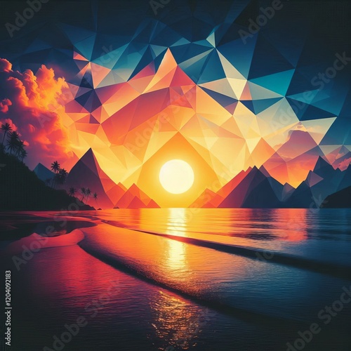 Low Poly Art with Sunset Photo A geometric low poly art illustra