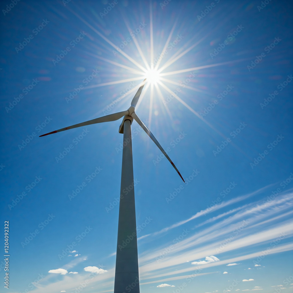 wind turbine against blue sky. Low angle of wind turbine against bright blue sky. Renewable or green energy concept. landscape of windmill with sunlight and almost clear sky. wind turbine against blue sky. Low angle of wind turbine against bright blue sky. Renewable or green energy concept. landscape of windmill with sunlight and almost clear sky.