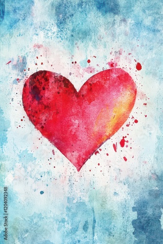 Colorful watercolor heart on textured background for valentine's day design. Vertical banner. Copy space. Romantic background