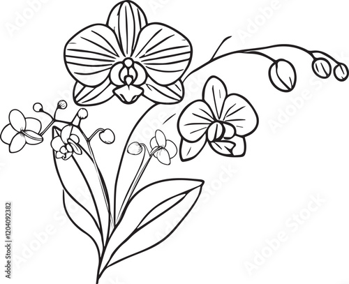 Orchid flowers illustration coloring page, simplicity, Embellishment, monochrome vector art, Outline print with blossom Orchid flowers, Orchid bouquet leaves, and buds, Orchid flower tattoo