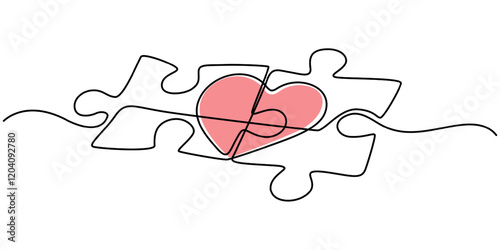 love with puzzle continuous one line drawing, Love Puzzle icon, Heart puzzle icon, outline pro vector illustration and minimal concept, continuous drawing and white background.