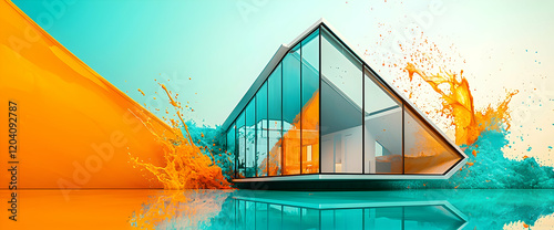 Angular glass house on a bold turquoise and orange splash background