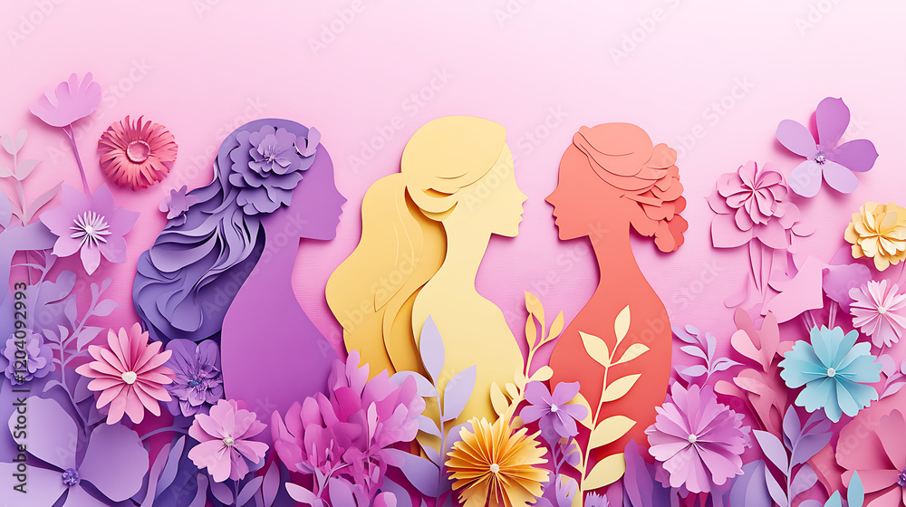 International Women's Day background design featuring artistic paper silhouettes of women surrounded by vibrant floral decor, ideal for celebration posters or digital designs International Women's Day background design featuring artistic paper silhouettes of women surrounded by vibrant floral decor, ideal for celebration posters or digital designs