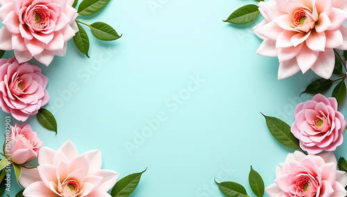International Women's Day background design featuring a floral frame of roses and greenery on a pastel blue backdrop for stylish and feminine-themed celebration designs