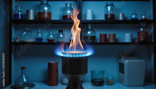 Bright blue gas flame burning steadily in a laboratory setting with equipment in background photo