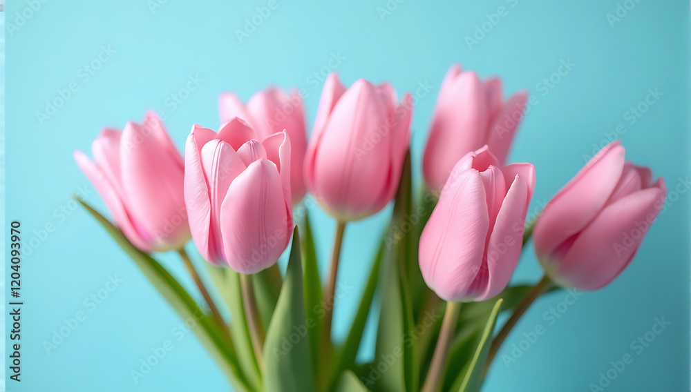 International Women's Day background design with pink tulips on a pastel blue backdrop, symbolizing elegance and renewal for floral-themed celebration posters or cards International Women's Day background design with pink tulips on a pastel blue backdrop, symbolizing elegance and renewal for floral-themed celebration posters or cards