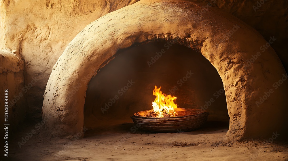 Ancient Clay Oven with Burning Fire Inside