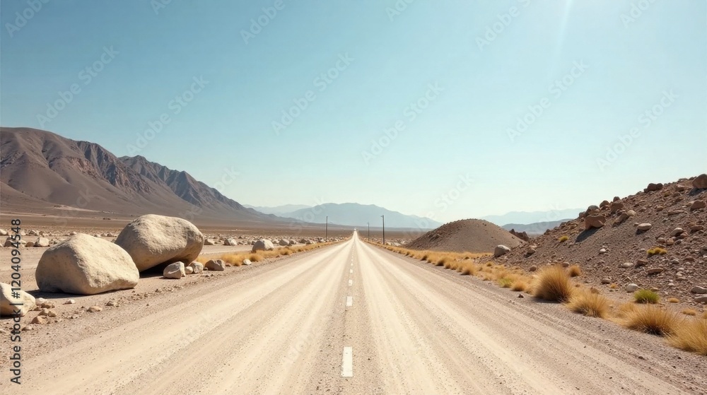 A Long, Straight, Desert Road Cutting Through a Mountainous Landscape Under a Clear Sky