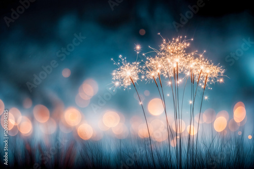 Cierges magiques sur fond bleu avec des étincelles et du bokeh photo