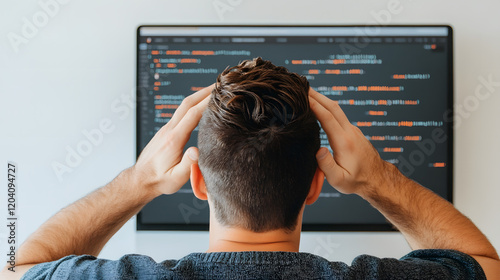 A frustrated developer sitting at a computer desk, with their head in their hands, surrounded by code on the screen, conveying the stress and challenges of software development, focusing on work-relat