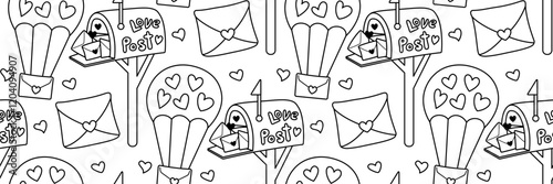 Valentines day seamless pattern. Mailbox with love letters and hearts doodle icon. Love mail by parachute, confession of love. Romantic line art Background. Vector outline illustration.