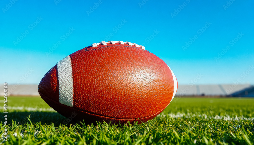 A detailed shot of a football lying on a green field with a clear horizon and vivid blue sky, capturing the essence of sports and nature. A detailed shot of a football lying on a green field with a clear horizon and vivid blue sky, capturing the essence of sports and nature.