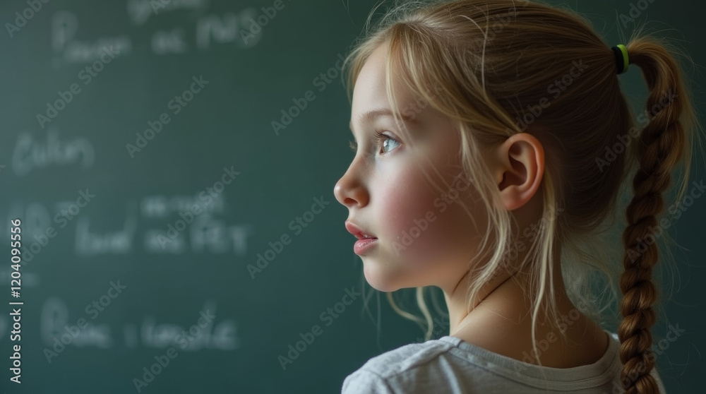 Side profile of a young girl with light hair tied back, looking thoughtfully in front of a blackboard with blurred writing Side profile of a young girl with light hair tied back, looking thoughtfully in front of a blackboard with blurred writing