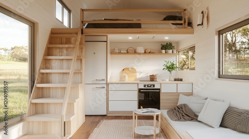 A cozy, modern tiny home interior featuring a lofted bed, minimalist kitchen, and comfortable living space with natural light.