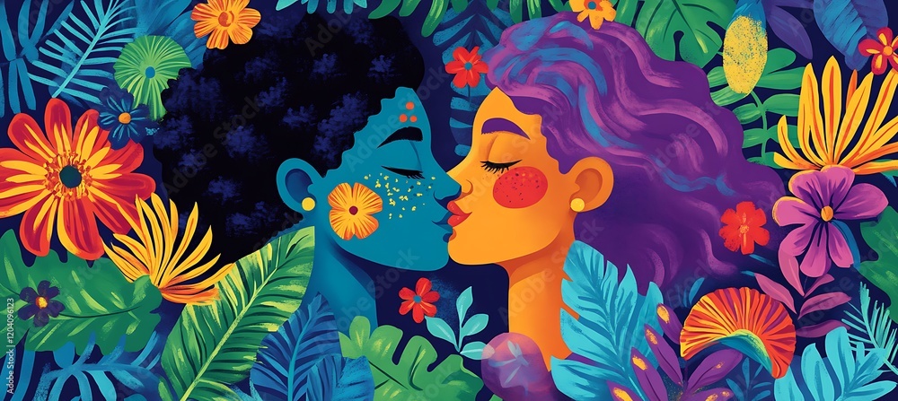 A couple sharing a kiss in a garden filled with blooming flowers A couple sharing a kiss in a garden filled with blooming flowers