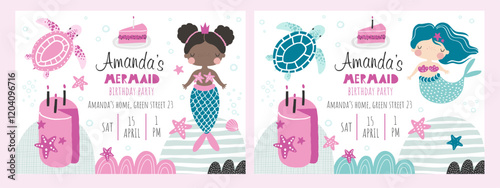 Vector set of children's birthday party invitation templates. Mermaid party. Kids party in sea style. Cute girl mermaid, shells, pink cake. Baby shower. Baby Girl. Happy Birthday card. Newborn party.