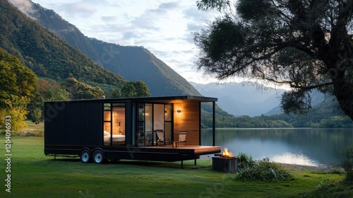 A modern tiny house by a serene lake, surrounded by mountains and greenery, showcasing a cozy living space with large windows.