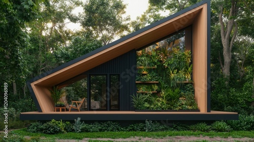 A modern architectural gem nestled in lush greenery, showcasing a unique angular design and vibrant plant life.