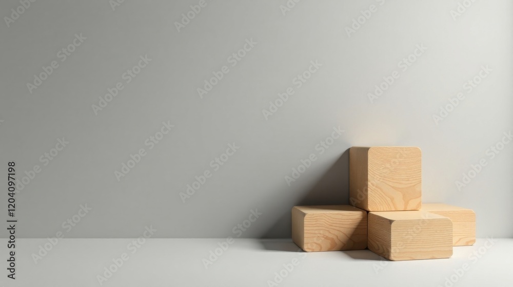 Minimalist wooden blocks arranged against a light gray wall, creating a simple yet elegant display Minimalist wooden blocks arranged against a light gray wall, creating a simple yet elegant display