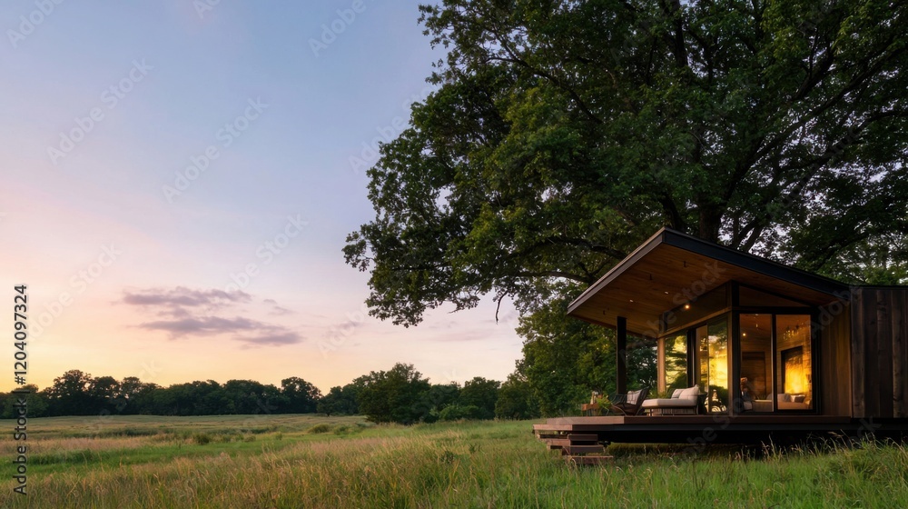 A serene wooden cabin nestled beside a large tree, set against a colorful sunset in a peaceful field. A serene wooden cabin nestled beside a large tree, set against a colorful sunset in a peaceful field.