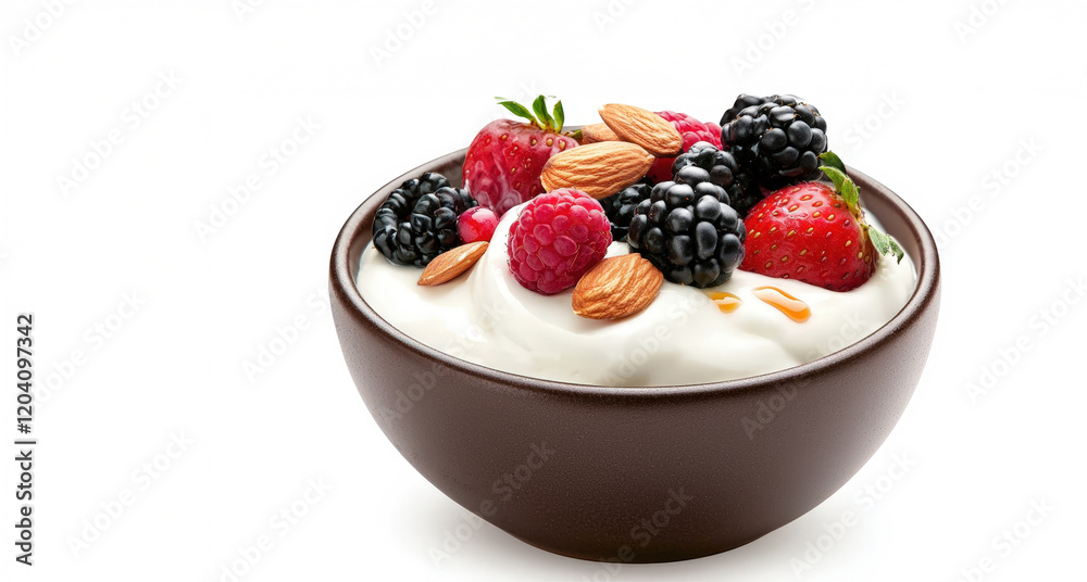 Creamy Greek yogurt topped with honey in glass bowl with almonds, blackberries, redcurrants, drizzled with syrup food nutritious morning treat Creamy Greek yogurt topped with honey in glass bowl with almonds, blackberries, redcurrants, drizzled with syrup food nutritious morning treat