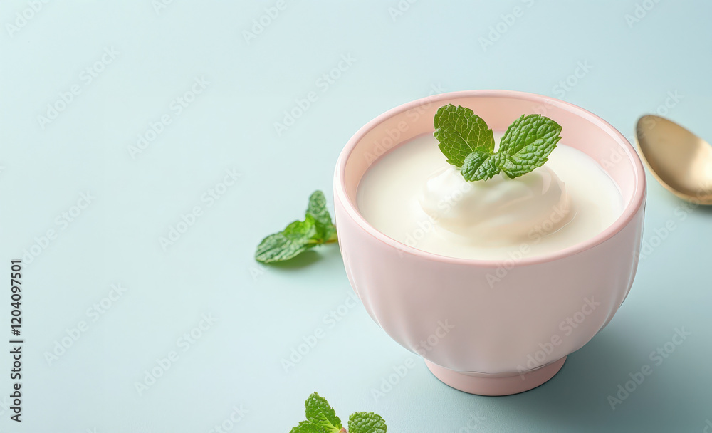 Pink bowl containing yogurt, muesli mint perfect for a healthy and delicious breakfast food Pink bowl containing yogurt, muesli mint perfect for a healthy and delicious breakfast food