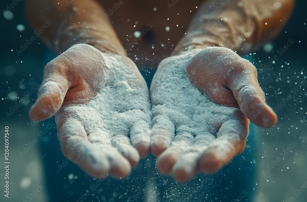 Fototapeta premium Hands covered in chalk dust prepare for a workout