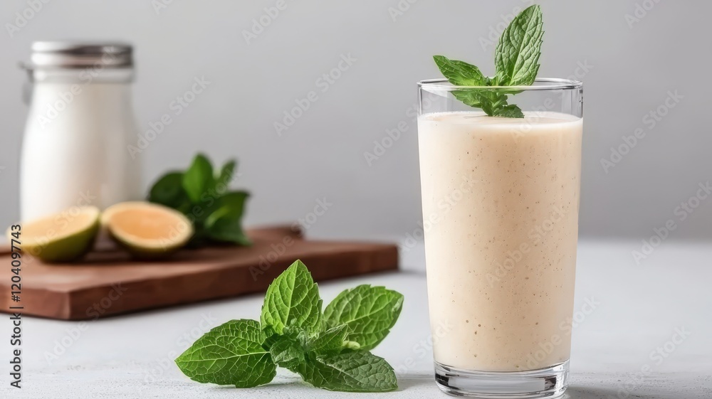 create image of smoothie with fresh mint Healthy breakfast concept. Image for menu, recipe, and food blog with copy space in the white kitchen create image of smoothie with fresh mint Healthy breakfast concept. Image for menu, recipe, and food blog with copy space in the white kitchen
