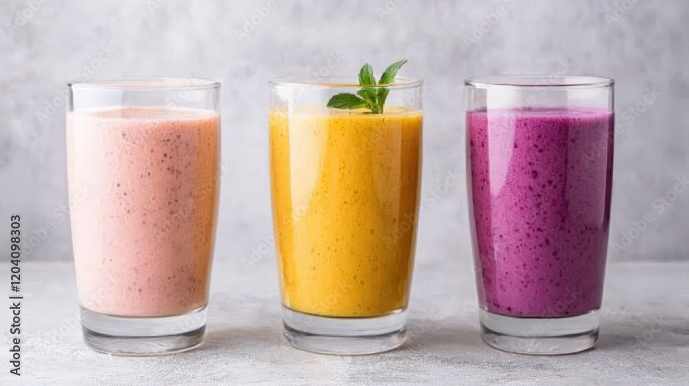 Three glasses of colorful smoothies are sitting on a table, offering a healthy and refreshing treat food healthy eating concept Three glasses of colorful smoothies are sitting on a table, offering a healthy and refreshing treat food healthy eating concept