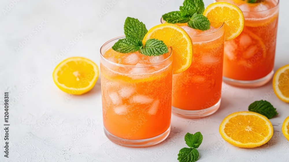 Chilled orange lemonade glasses displaying sparkling ice cubes, fresh orange segments, bright mint leaves creating summery beverage refreshment food healthy eating concept