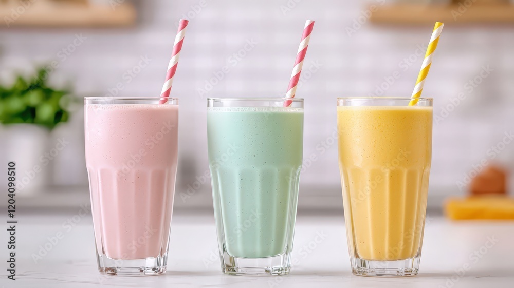 Three colorful milkshakes food drink with straws are standing on a kitchen counter, ready to be enjoyed healthy eating concept Three colorful milkshakes food drink with straws are standing on a kitchen counter, ready to be enjoyed healthy eating concept