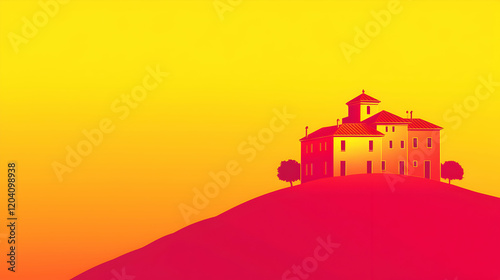 Bright hilltop mansion on a warm yellow-to-red gradient background