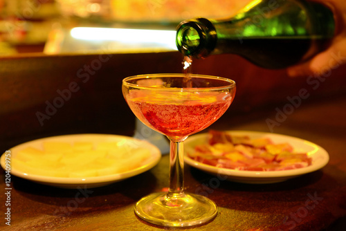 Photography Detalle de un camarero sirviendo una copa de cava rosado en un bar