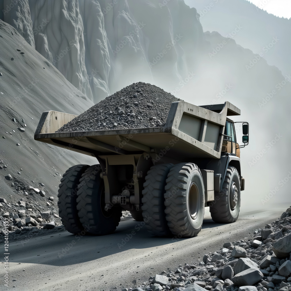 Obraz premium Mining Dump Truck. Massive haul truck loaded with rocks traversing a mountain mining road against dramatic cliff face backdrop.