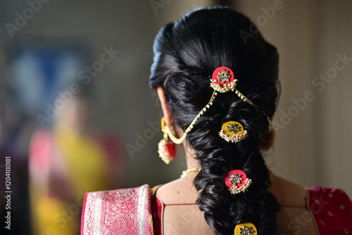 wedding women's braid hairstyle. indian wedding. hairs decorations. Hairs Finery, trappings photo