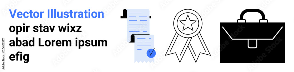 Checklist document with a blue checkmark, an achievement badge with a star, and a black briefcase. Ideal for productivity tools, business presentations, educational materials, success metrics Checklist document with a blue checkmark, an achievement badge with a star, and a black briefcase. Ideal for productivity tools, business presentations, educational materials, success metrics