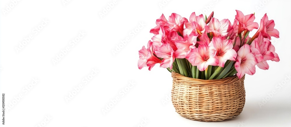 Obraz premium Pink amaryllis flowers in a woven basket with white background and ample copy space for text placement
