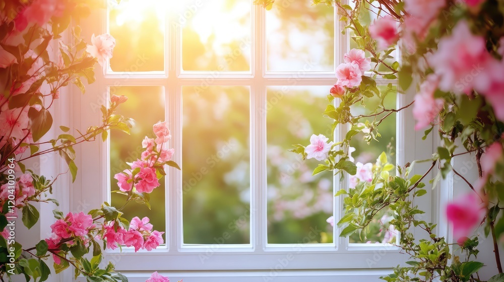 Fototapeta premium Sunlit window with blooming flowers framing the view, creating a warm and inviting atmosphere with copy space.