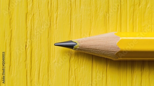 Yellow pencil tip on textured yellow background with copy space for text or design elements. photo