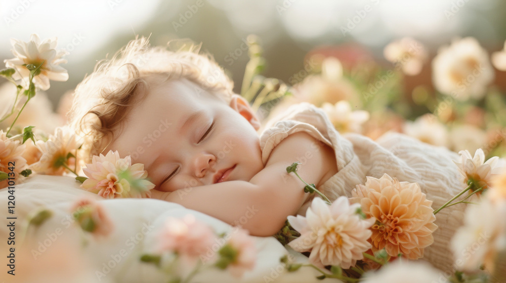 Adorable baby infant sleeping on blooming flowers bed in natural sunlight and garden Adorable baby infant sleeping on blooming flowers bed in natural sunlight and garden