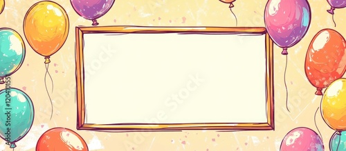 Fototapeta Naklejka Na Ścianę i Meble -  Colorful balloon border with empty frame and copy space for celebrations or invitations on textured background