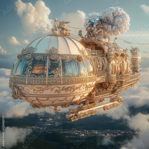 Create a romantic airship floating in the sky, piloted by a duo, featuring intricate details photo