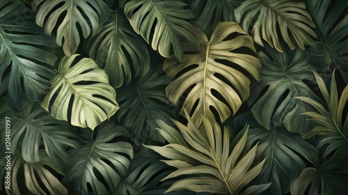 Tropical foliage background with large green monstera leaves on textured surface providing ample Copy Space for text placement photo